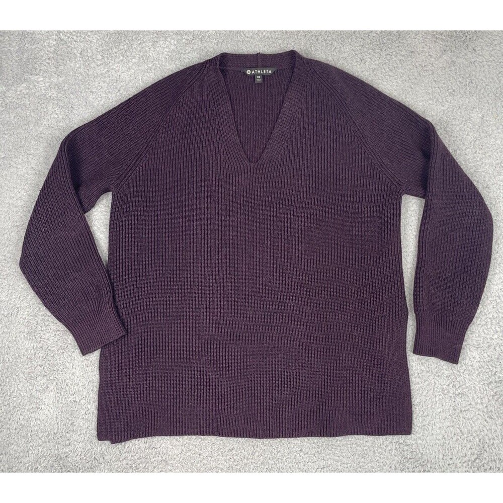ATHLETA Sweater Womens Extra Small XS Merino Wool Blend V Neck Purple/Eggplant